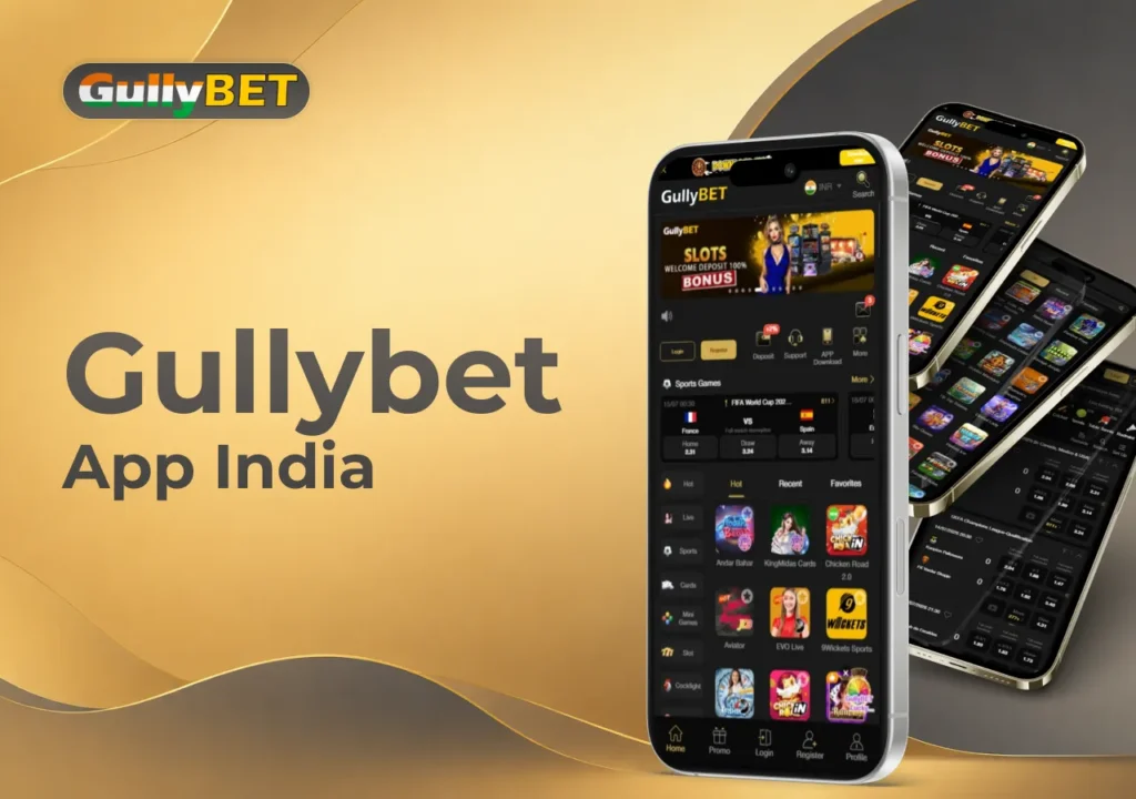Gullybet mobile app for India with casino games, sportsbook, and player account features.