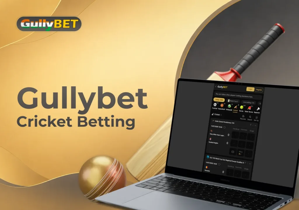 Gullybet cricket betting page with live odds, match markets, and betting options.